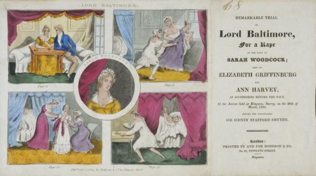 Eine historische Illustration, die eine Gerichtsverhandlungsszene mit Porträts, Vorhängen und Text auf einem Papier zeigt.