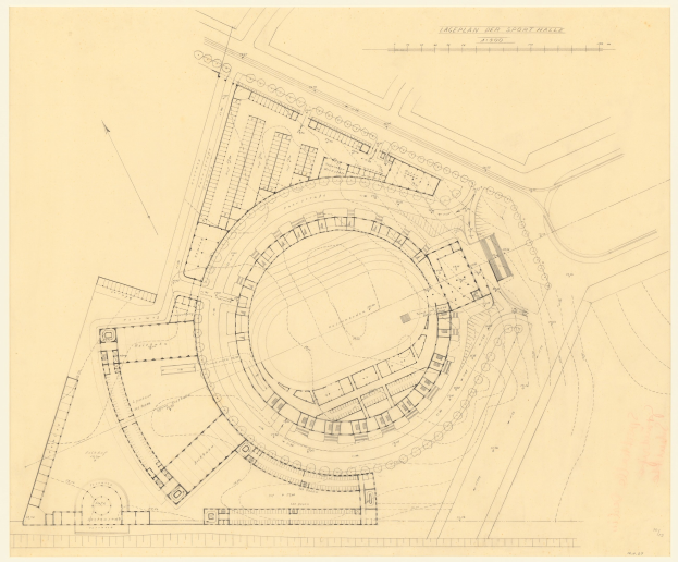 Schwarz-weißer Architekturplan einer Stadionanlage mit umliegenden Gebäuden, beschriftet als proposed Sport Hall in London, mit handschriftlichen Anmerkungen.