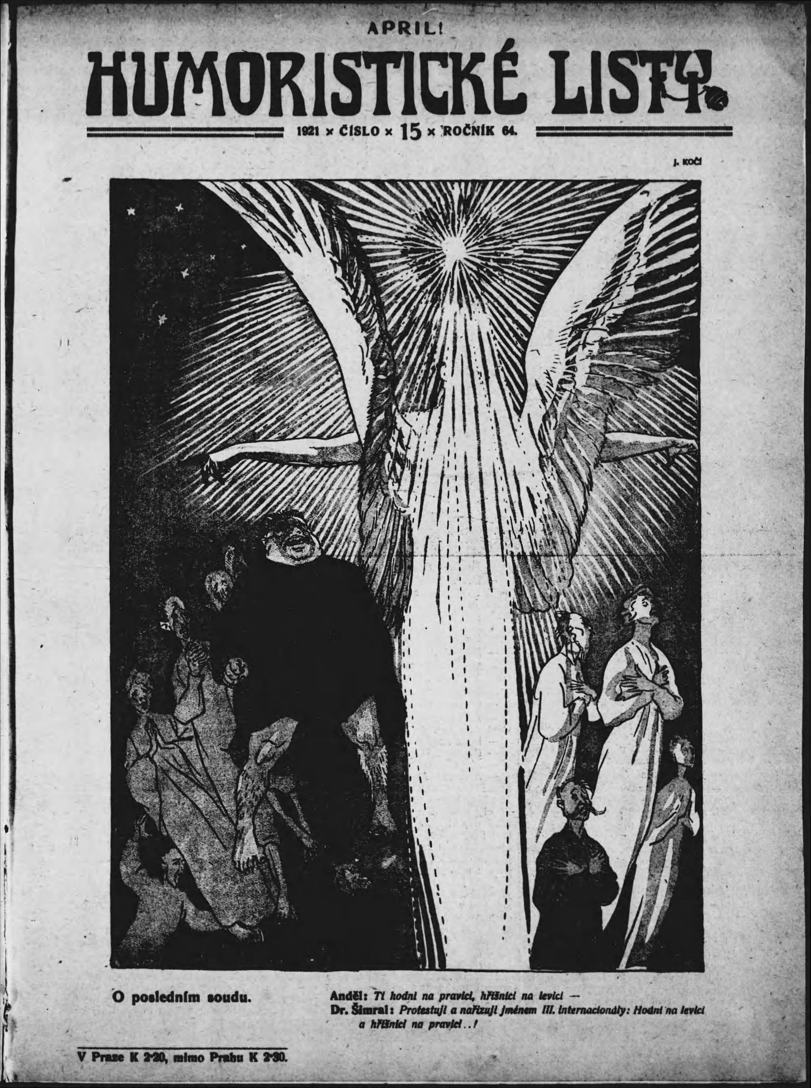 Schwarzes und weißes Poster mit der Aufschrift "humoristicke list - april 1921", das eine Gruppe von Menschen zeigt, die zu einem Vogel aufschauen, mit fetter Schrift.