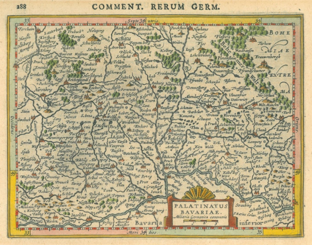 Alte Deutschlandkarte, die die Provinzen Pfalz und Bayern hervorhebt, mit handgeschriebenem Text auf altem Papier.