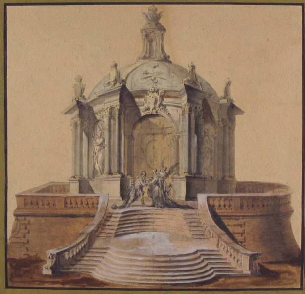 Ein gerahmtes Zeichnung eines klassizistischen Brunnens mit einer Statue darauf, umgeben von Treppen und weiteren Skulpturen.