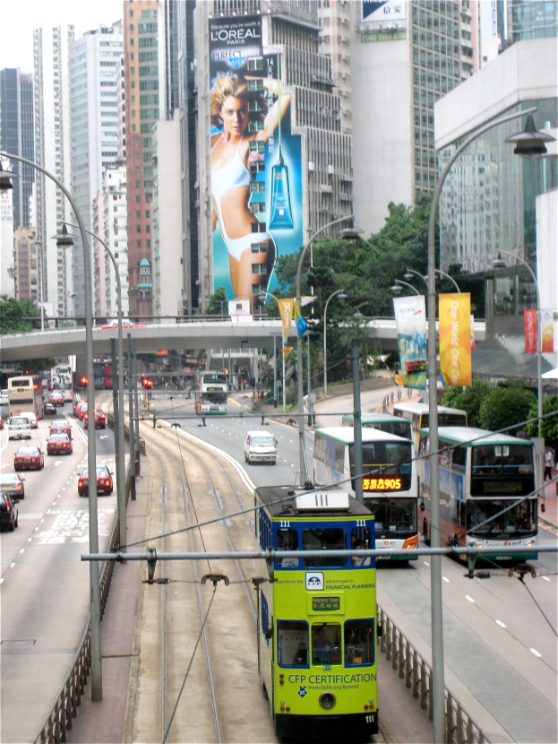 Eine belebte Stadtstraße mit verschiedenen Fahrzeugen, darunter Doppeldeckerbusse, Autos und andere Fahrzeuge, umgeben von Polen, Laternen, Tafeln, Bannern, Bäumen, einer Brücke und hohen Gebäuden unter einem klaren blauen Himmel, mit Text am unteren Rand des Bildes.
