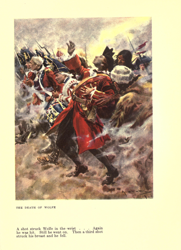 Ein Plakat mit der Aufschrift "Der Tod von Wolfe", das eine Gruppe besorgter Menschen zeigt, einige schauen ängstlich nach oben und andere traurig nach unten, mit gedämpften Farben, die eine bedrückte Stimmung schaffen.