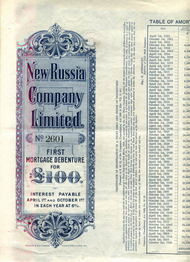 Altes Buch mit einem Aktienzertifikat der New Russia Company Limited auf dem Cover, das gedruckte Texte und Zahlen enthält, die die Aktien Details angeben.