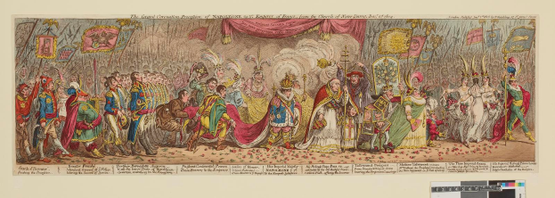 Eine Gruppe von Menschen in farbenfrohen Kostümen steht vor einer Bühne mit einem Vorhang, die den Großen Karneval von Napoleon, dem Kaiser von Frankreich, von der Kirche Saint-Denis, Dezember 1785, feiern, wobei einige Fahnen und Dekorationen halten.