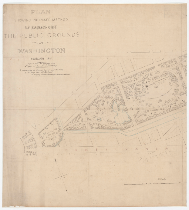 Ein detaillierter Plan der öffentlichen Anlagen in Washington, auf dem verschiedene Bereiche und Pfade zu sehen sind, mit Text darauf geschrieben.