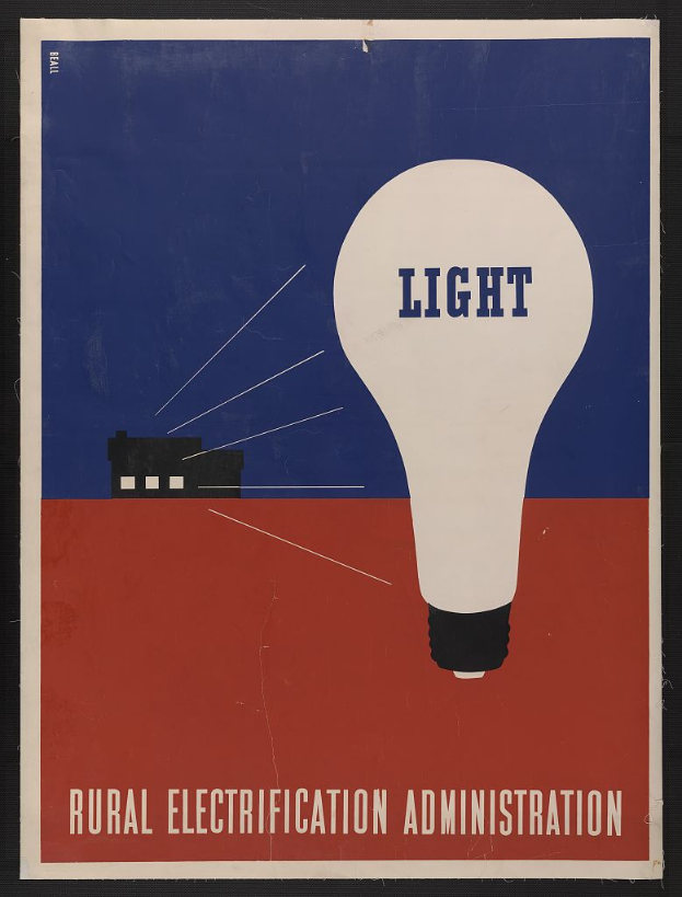 Ein Plakat mit einer Glühbirne in der Mitte und der Text "Ländliche Elektrizitätsverwaltung" in fetter, schwarzer Schrift auf einem hellgelben Hintergrund.