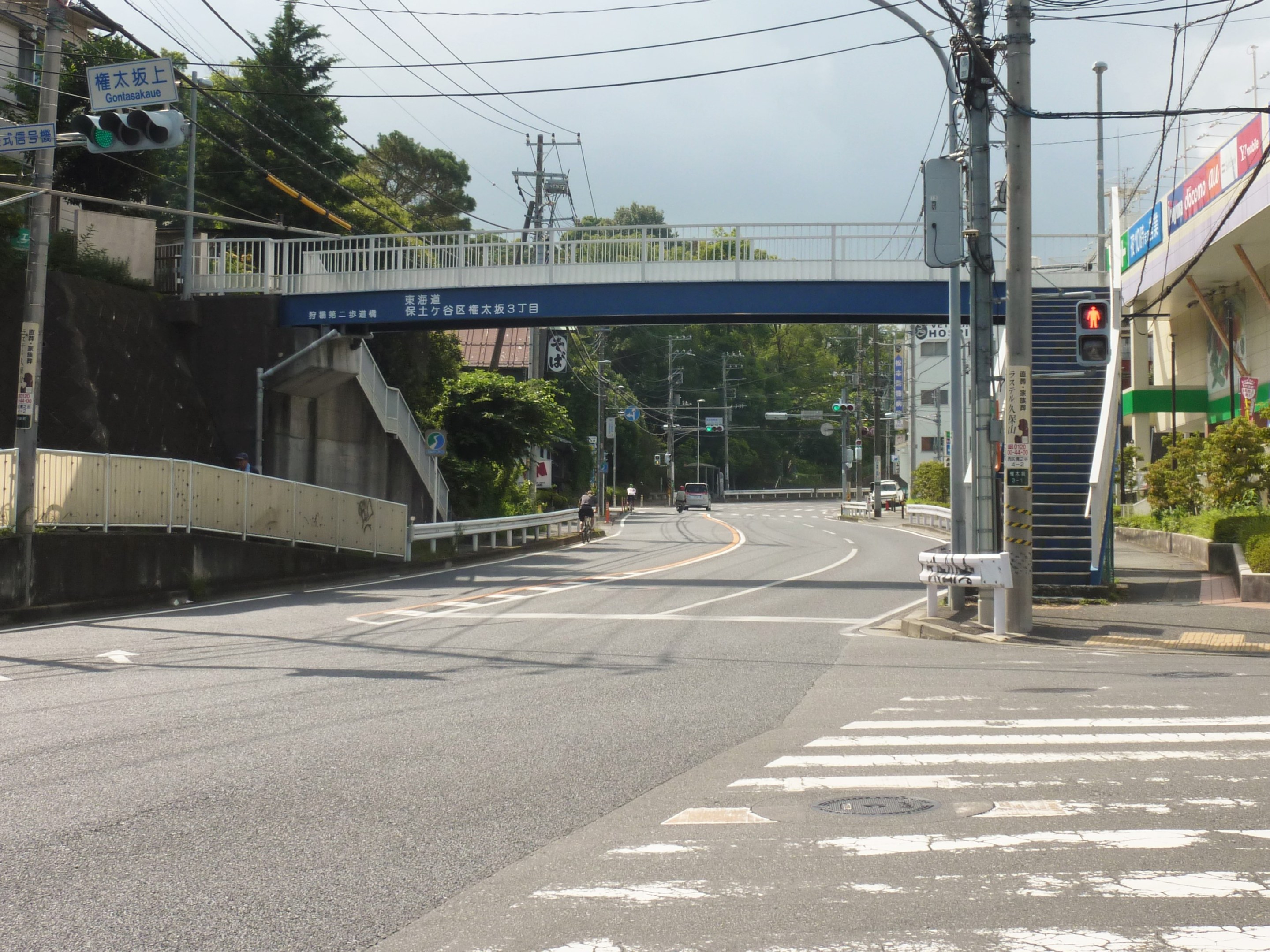 Stadtstraße mit einer Fußgängerbrücke darüber, Fahrzeuge auf der Straße, Strommasten mit Drähten, Verkehrsampeln, Schilder, Gebäude mit Fenstern, Bäume, Pflanzen und ein Himmel als Hintergrund.