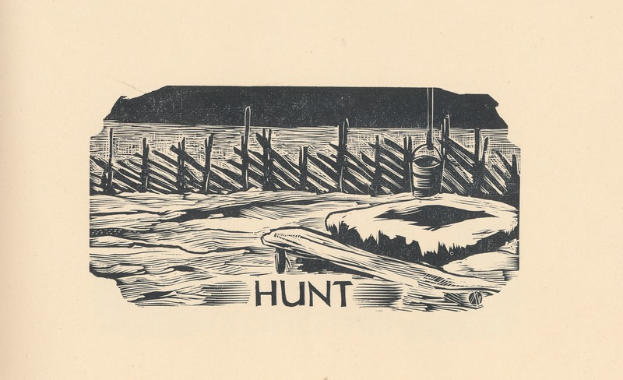 Eine Schwarz-Weiß-Zeichnung eines Bootes im Wasser mit einem hölzernen Zaun und einem Eimer und dem Wort 'jagen' unten geschrieben.