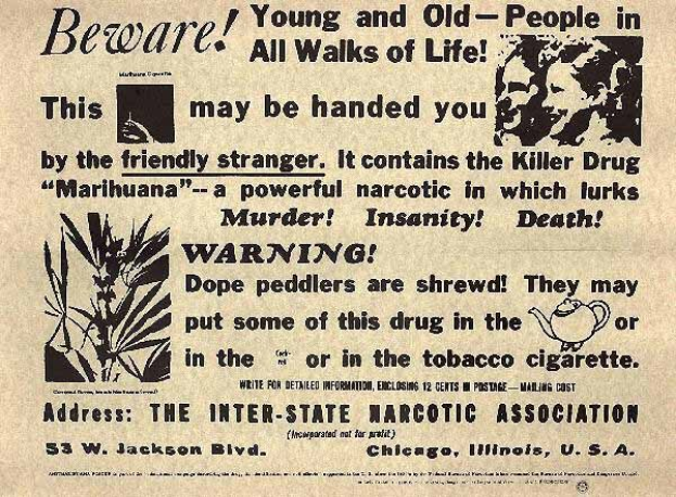Schwarze und weiße Zeitungsanzeige für die Inter-State Narcotic Association mit einem Bild eines Mannes und einer Frau, auf dem steht: "Vorsicht, jung und alt in allen Lebensbereichen"