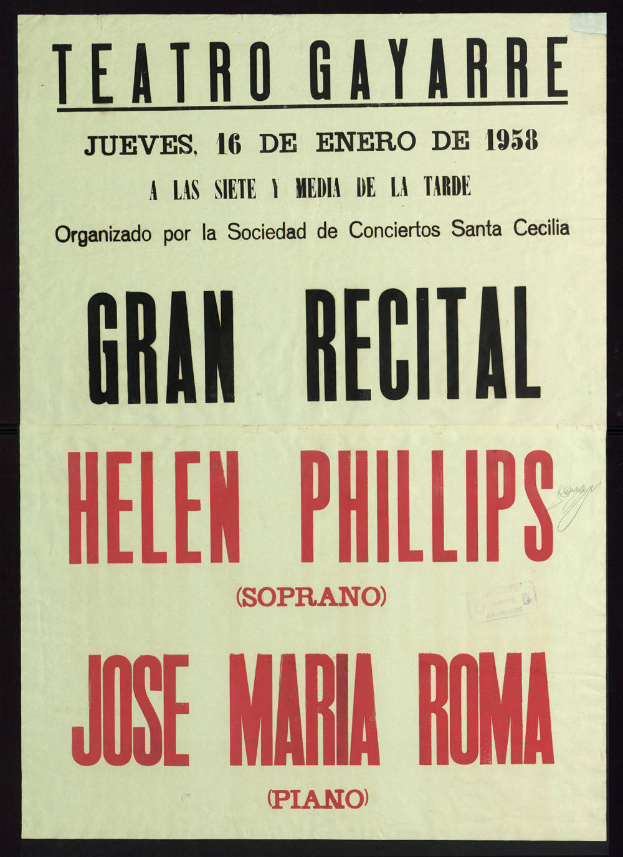 Ein Konzertplakat mit Helen Phillips und Jose Maria Roma und einem Text, der das Ereignis beschreibt.