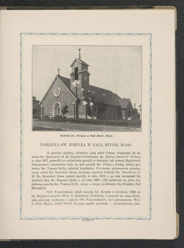 Altes Buch mit einer Kirchenillustration auf dem Cover, umgeben von Bäumen und einem sichtbaren Himmel, enthaltend Text.