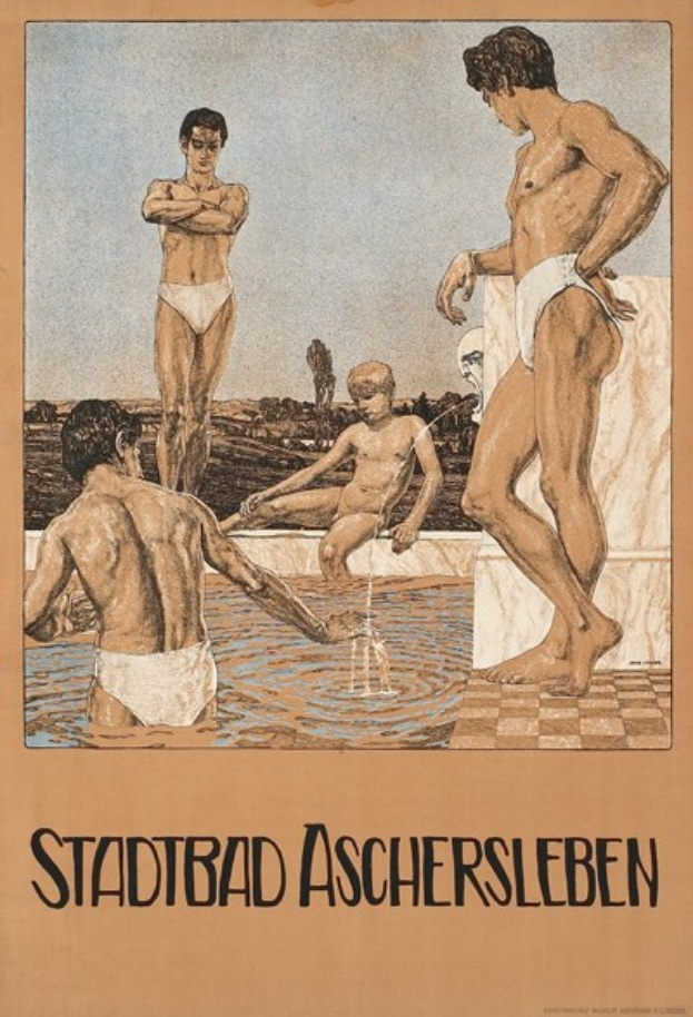Plakat, das einen Schwimmbadbesuch in Aschersleben, Deutschland zeigt, mit Menschen im Wasser und einem sitzenden Menschen sowie Text über die Schwimmbad-Einrichtungen.