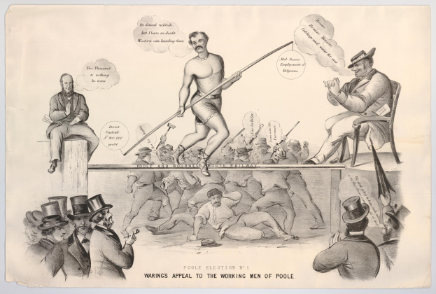 Eine Karikatur eines Mannes mit Zylinder und einer Frau in einem Kleid, die Stöcke halten, mit Menschen, die sitzen und liegen, und einem Text unten, der "Warrings Appeal to the Working Men of Poole" liest.