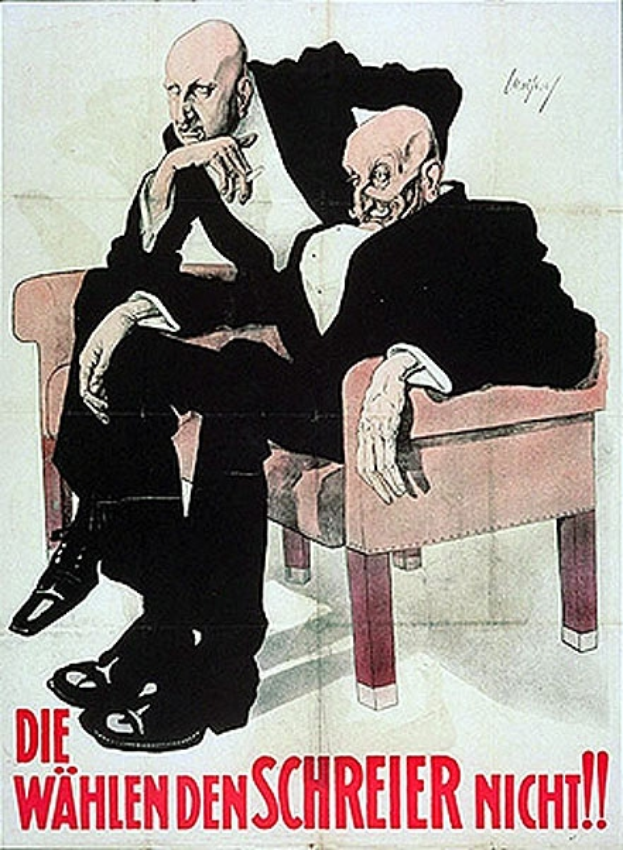 Ein deutsches Propagandaplakat für die Nationalsozialistische Deutsche Arbeiterpartei mit zwei männlichen Personen auf einem Sofa, mit Textinformationen über die Partei.