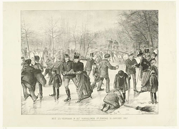 Gruppe von Menschen beim Eislaufen auf einer Outdoor-Eisbahn im Vondelpark, mit Bäumen und einer Brücke im Hintergrund, datiert auf den 10. Januar 1887.