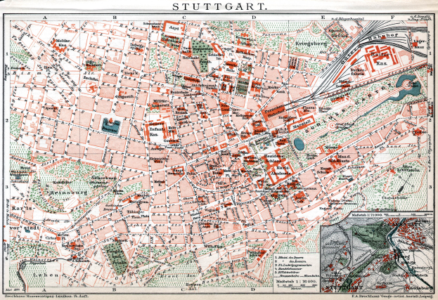 Ein detaillierter alter Stadtplan von Stuttgart, Deutschland, der Straßen, Gebäude, Sehenswürdigkeiten und Texte zeigt, die Informationen über die Bevölkerung, Sehenswürdigkeiten und Straßen der Stadt liefern.