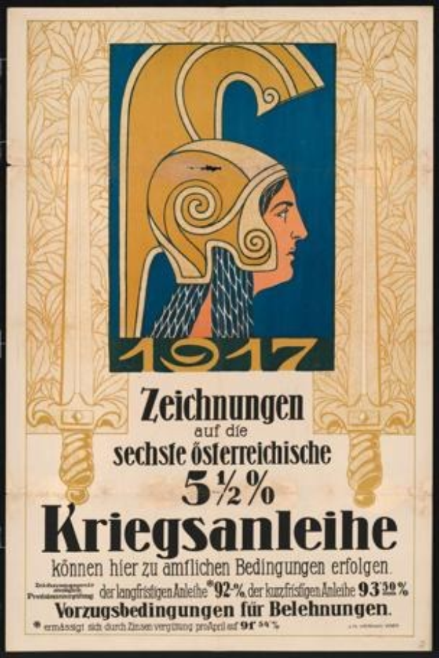 Plakatankündigung eines Konzerts in Berlin, Deutschland im Jahr 1917 mit einer Frau in einem Helm, die ein Schwert hält