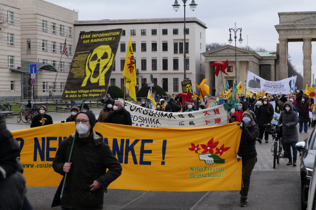 Große Gruppe von Menschen marschiert auf einer Straßendemonstration gegen Atomkraft in Deutschland, mit Schildern und Fahnen, mit Fahrzeugen und Gebäuden im Hintergrund.