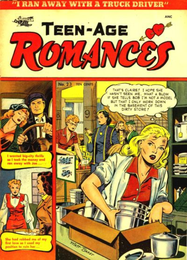 Ein Plakat mit der Aufschrift "Teen-Age Romances 23-A von DC", das eine Gruppe strahlender Menschen in einer romantischen Umarmung zeigt