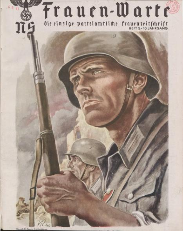 Ein deutsches Propagandaplakat aus dem Zweiten Weltkrieg, das einen Mann in einer Militäruniform zeigt, der ein Gewehr hält, mit zwei weiteren Personen im Hintergrund, Text und einem Logo.