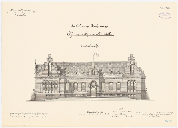 Eine Zeichnung des Hauptsaals des Deutschen Bundestages in Berlin, Deutschland, mit einer Flagge oben und begleitendem Text.