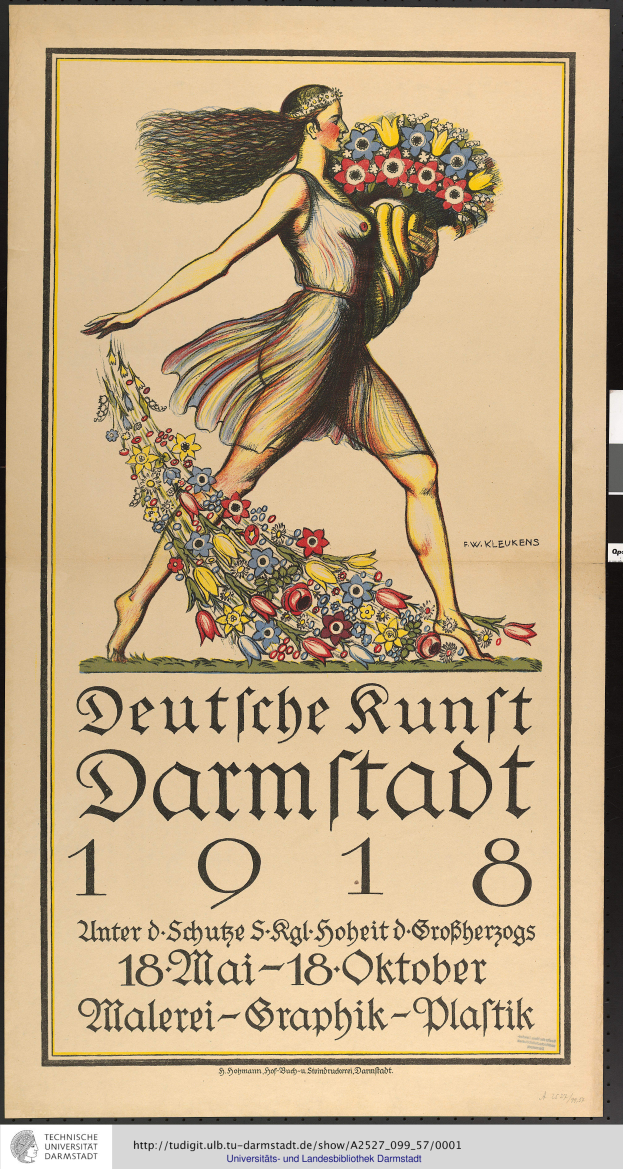 Eine Frau mit einem Blumenstrauß, mit Text, der das Berliner Runt Darmstadt Festival der Blumen ankündigt.