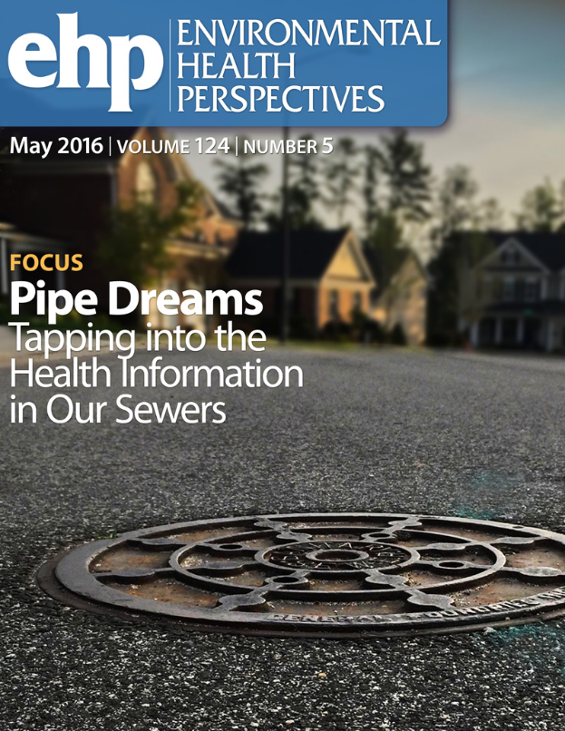 Ein Gullideckel vor einer Straße, umgeben von Gebäuden und Bäumen unter einem klaren blauen Himmel, mit dem Text "Environmental Health Perspectives May 2016" auf dem Deckel.
