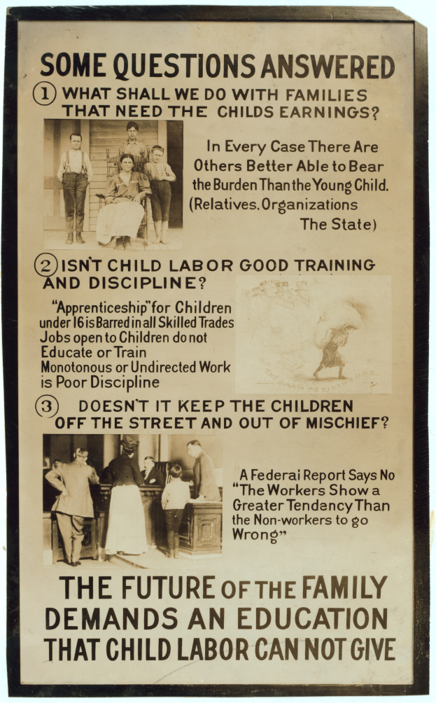 Ein Plakat mit einem hellgelben Hintergrund zeigt eine Gruppe verschiedener Menschen, die im Kreis stehen, mit der Aufschrift "Die Zukunft der Familie erfordert eine Bildung, die Kinderarbeit nicht geben kann."