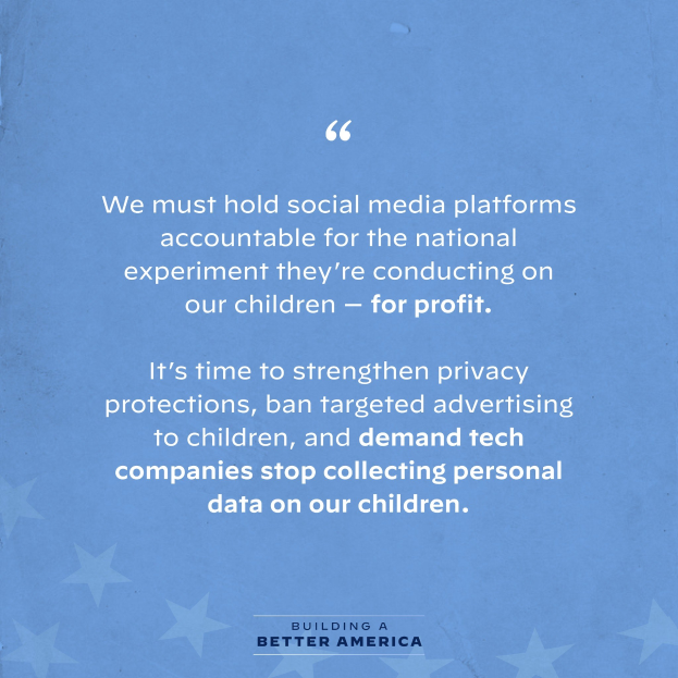 Plakat mit einem Zitat aus Building a Better America, das fordert, dass soziale Medienplattformen für das Experimentieren an Kindern zur Gewinnmaximierung zur Rechenschaft gezogen werden, dekoriert mit Sternen.