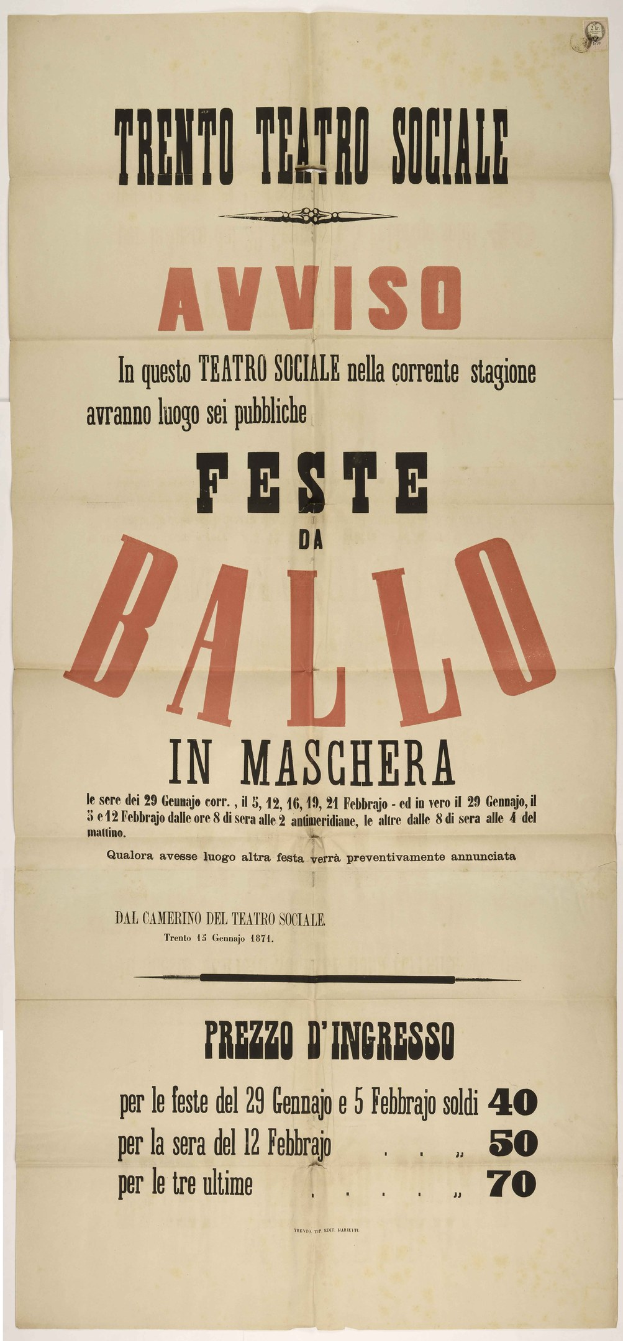 Alter Plakatwerbung für ein Festival in Maschera, Italien, mit Text Beschreibung des Ereignisses.