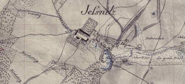 Alte detaillierte Karte von Jelsnitz, Deutschland, mit einem Gebäude in der Mitte und umgeben von Text und Straßenlayout.