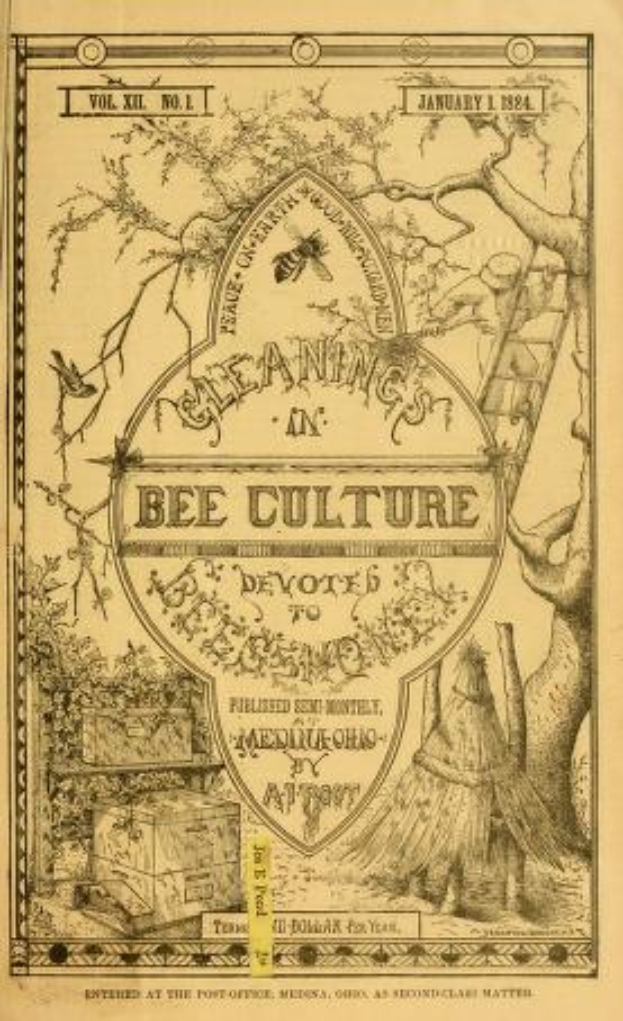 Ein altes Buch mit einer Zeichnung einer Biene, umgeben von Bäumen, einer Leiter und anderen Gegenständen, mit der Aufschrift "Reinigung in der Bienenkultur" auf dem Cover.