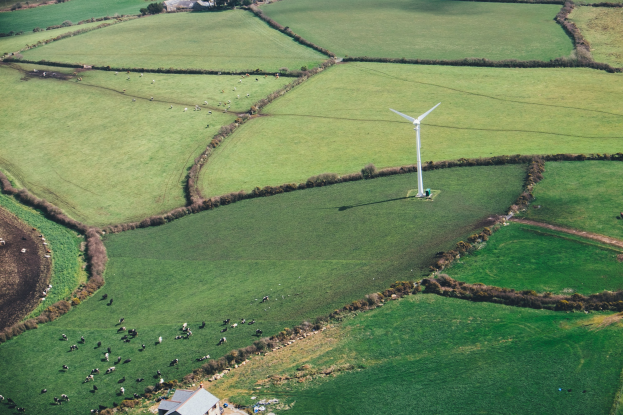 Luftaufnahme einer einzelnen Windräder in einer grünen Wiese mit Bäumen, Häusern und Tieren, die sich in Irland befindet.