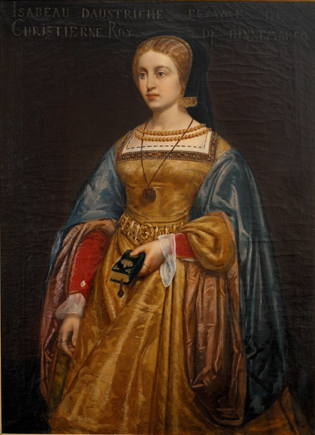 Gemälde von Isabella daustriche in einem goldenen Kleid mit detaillierten Verzierungen, ihre Haare zu einem Knoten gebunden, majestätisch mit einem seren expression, von Christierne Roy.