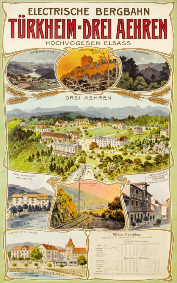 Ein Plakat, das die Elektrostadt Bergbahn in Deutschland bewirbt und Bilder von Gebäuden, Bäumen, Hügeln und beschreibendem Text enthält.