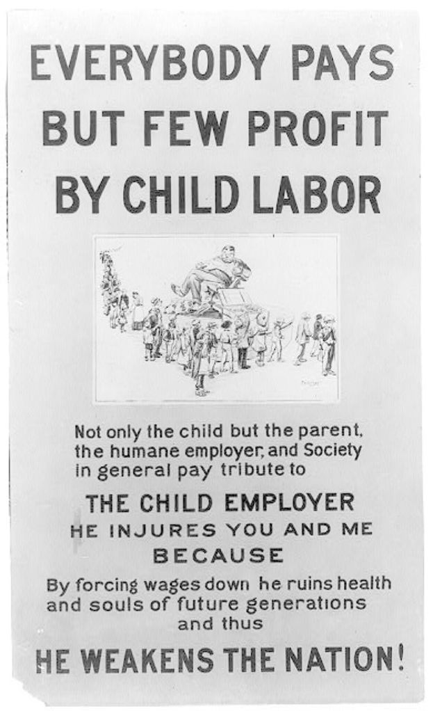 Plakat mit Schwarz-Weiß-Bild einer Gruppe von Menschen und Text "Jeder zahlt, aber wenige profitieren von Kinderarbeit", das gegen Kinderarbeit in den Vereinigten Staaten aufruft.