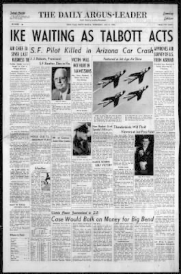 Die Titelseite der Daily Argus-Leader aus Arizona zeigt eine schwarze Hintergrundfarbe, die Überschrift "Ike Waiting as Talbott Acts" und mehrere Bilder von Menschen und Flugzeugen.