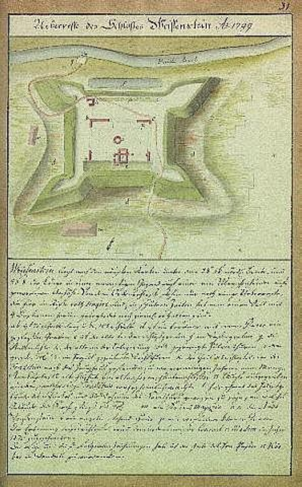 Schwarz-weiß-Karte von Stuttgart, Deutschland, mit einer detaillierten Illustration eines Schlosses in der Mitte, begleitet von beschreibendem Text.