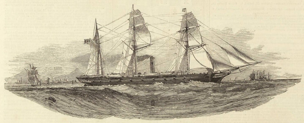 Gravur eines detaillierten Segelschiffs mit geblähten Segeln, das auf dem Ozean segelt, mit anderen Schiffen im Hintergrund und Text unten.