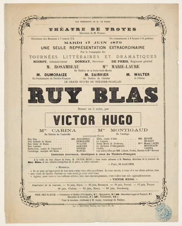 Eine historische Zeitungsanzeige für das Stück "Ruy Blas" von Victor Hugo, die den Text der Vorstellung beschreibt.