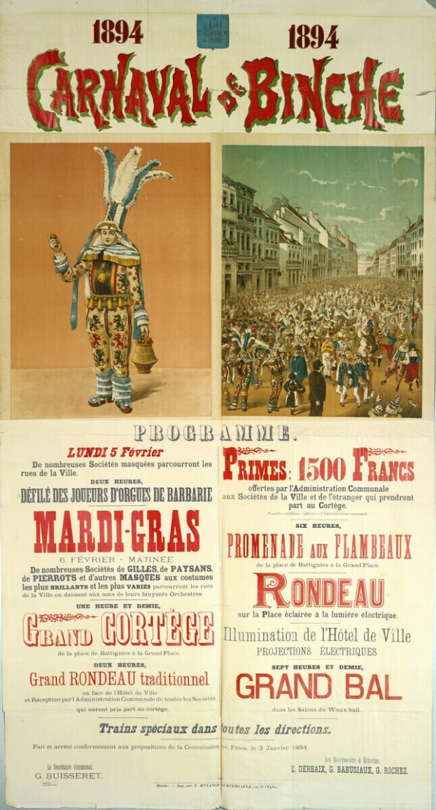 Ein altes Karnevalsposter aus Banche, Frankreich, das Menschen, Gebäude und Text zeigt.