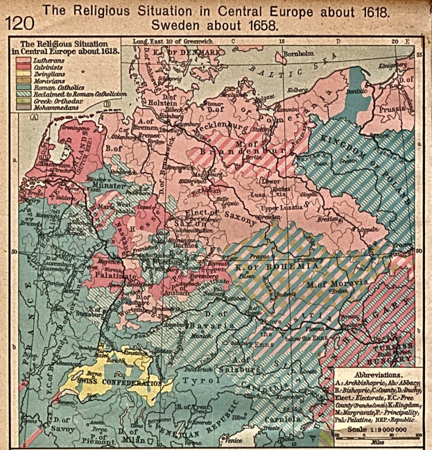 Historische Karte von Mitteleuropa aus dem Jahr 1618, die die religiöse Landschaft der Region mit detaillierten Textanmerkungen zeigt.