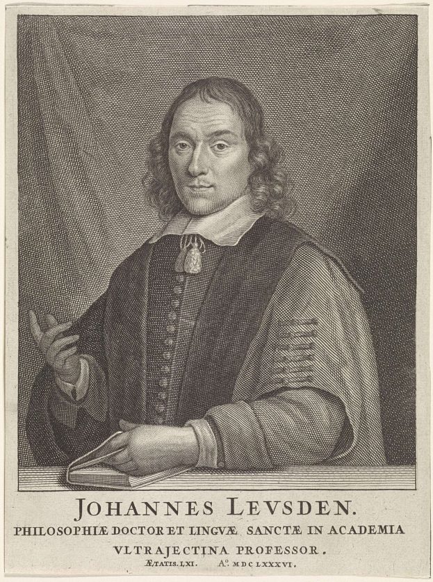 Schwarze und weiße Radierung von Johannes Levsen, einem Philosophen, Arzt und Linguisten, der ein Buch mit der Inschrift "Johannes Levsen - Philosophie Doctor et Lingua Sancte in Academia" hält.