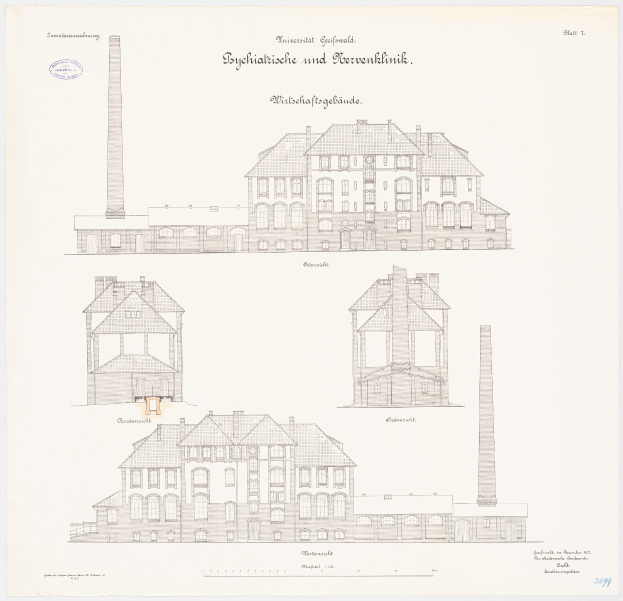 Eine Zeichnung eines mehrstöckigen Gebäudes mit zahlreichen Fenstern und einem Schornstein, das als psychiatrische Klinik in Deutschland identifiziert wurde, mit handgeschriebener Text auf dem Papier.