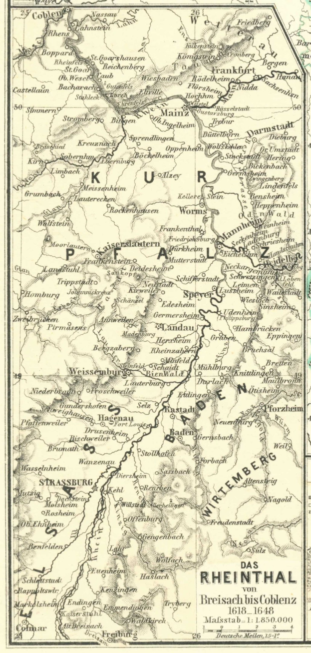 Ausführliche alte Karte des Rheins in Deutschland, die Flüsse, Städte und Gewässer zeigt, mit Text oben und unten, der geografische Informationen liefert.