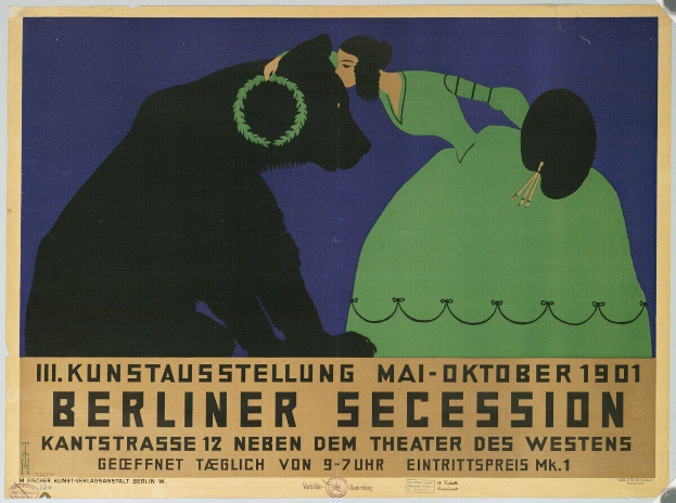 Plakat für die Berliner Secession mit einer Frau in einem grünen Kleid und einem Mann in einem schwarzen Anzug