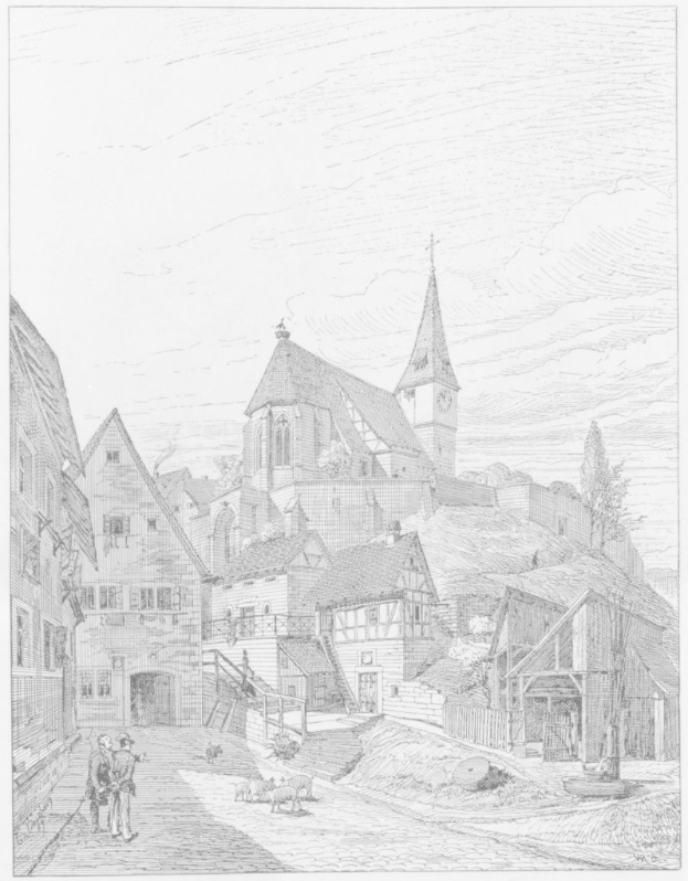 Schwarz-weiß-Illustration einer StraßenSzene in Heidelberg, Deutschland, mit einer Kirche im Hintergrund, umgeben von Gebäuden, Menschen, Tieren, Bäumen und Himmel, mit der Bildunterschrift "Die Kirche der Heiligen Dreifaltigkeit im alten Stadtzentrum von Heidelberg, Deutschland" unten.