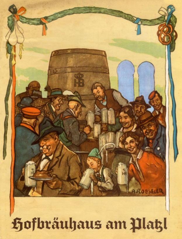 Plakat wirbt für ein Bierfest in Deutschland, zeigt eine Gruppe von Menschen, einige halten Biergläser, im Hintergrund ein Fass und deutscher Text unten.