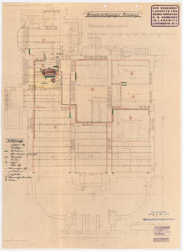 Schwarz-weißes Architekturzeichnung des Rosenhof-Krankenhauses in Hamburg, Deutschland, zeigt detailliertes Layout mit zahlreichen Drähten, die elektrische oder strukturelle Pläne und begleitende Textanmerkungen angeben.